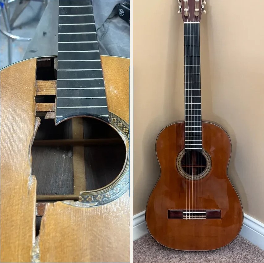 Before and after: a classical guitar with a broken top, and the same guitar repaired